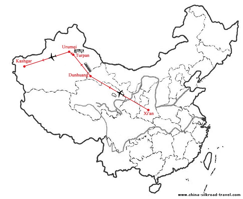 Luxury Silk Road Tour: Xi'an Dunhuang Turpan and Kashgar Map